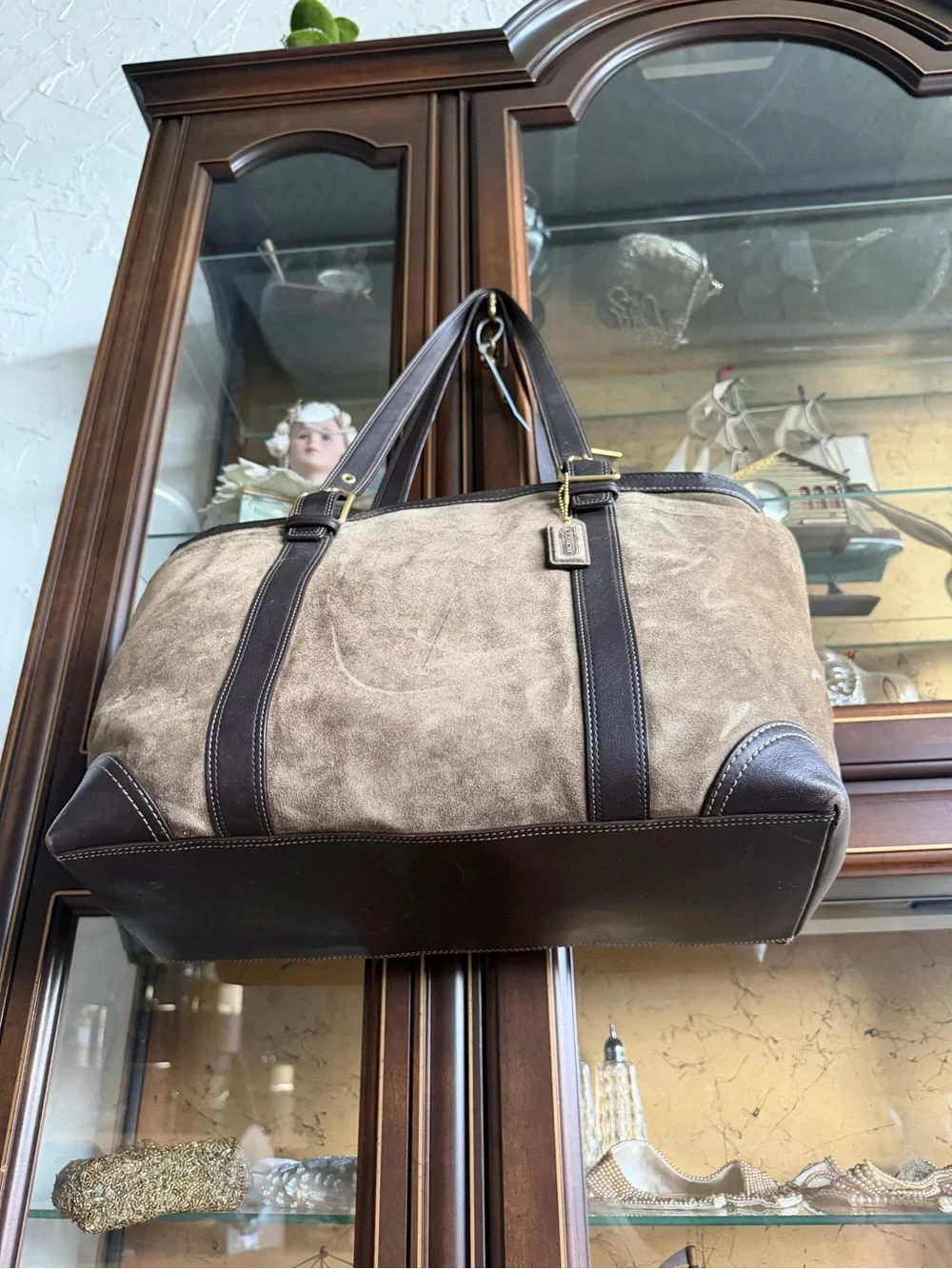 vintage Coach Carly taupe suede and leather shoulder tote featuring dark brown l